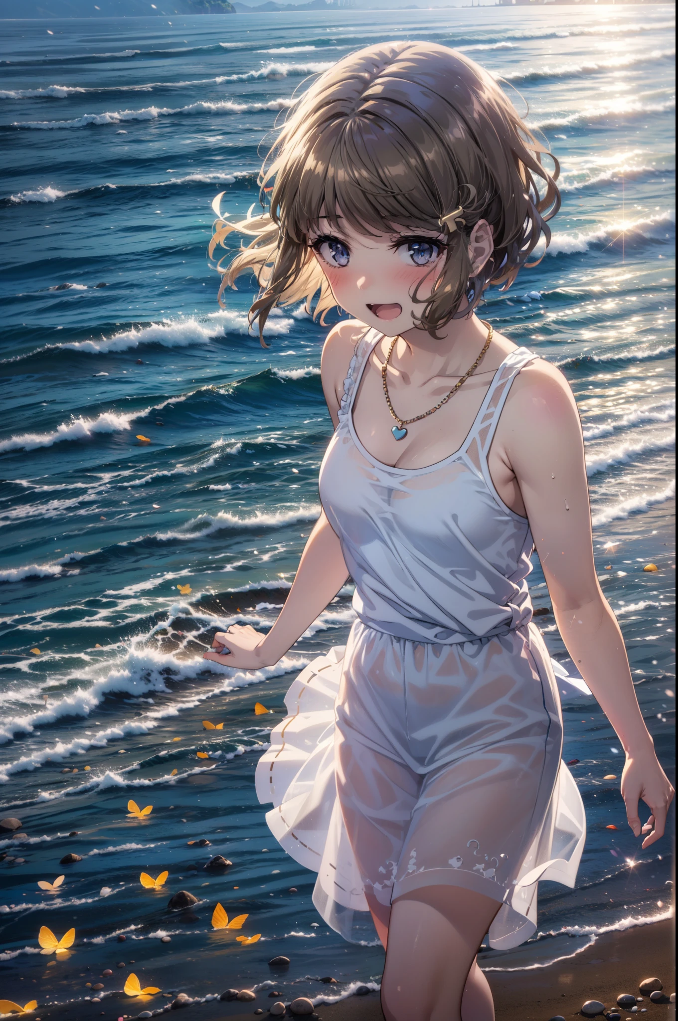 tomoekoga, Chie Koga, Long Hair, Brown Hair, Blue eyes, Hair Clip,happy smile, smile, Open your mouth,Yellow tank top shirt,No sleeve,Shell Necklace,Long skirt,barefoot,Walking,True Summer,Daytime,Hair is fluttering in the wind,Walking on Sandy Beach,whole bodyがイラストに入るように,
BREAK outdoors, Sandy Beach,Beach,
BREAK looking at viewer, whole body,
BREAK (masterpiece:1.2), Highest quality, High resolution, unity 8k wallpaper, (figure:0.8), (Beautiful attention to detail:1.6), Highly detailed face, Perfect lighting, Highly detailed CG, (Perfect hands, Perfect Anatomy),