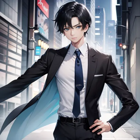 Realistic Anime style, 1boy, short black hair, light blue eyes, wearing all grey suits, street, midnight, high res, ultrasharp, ...