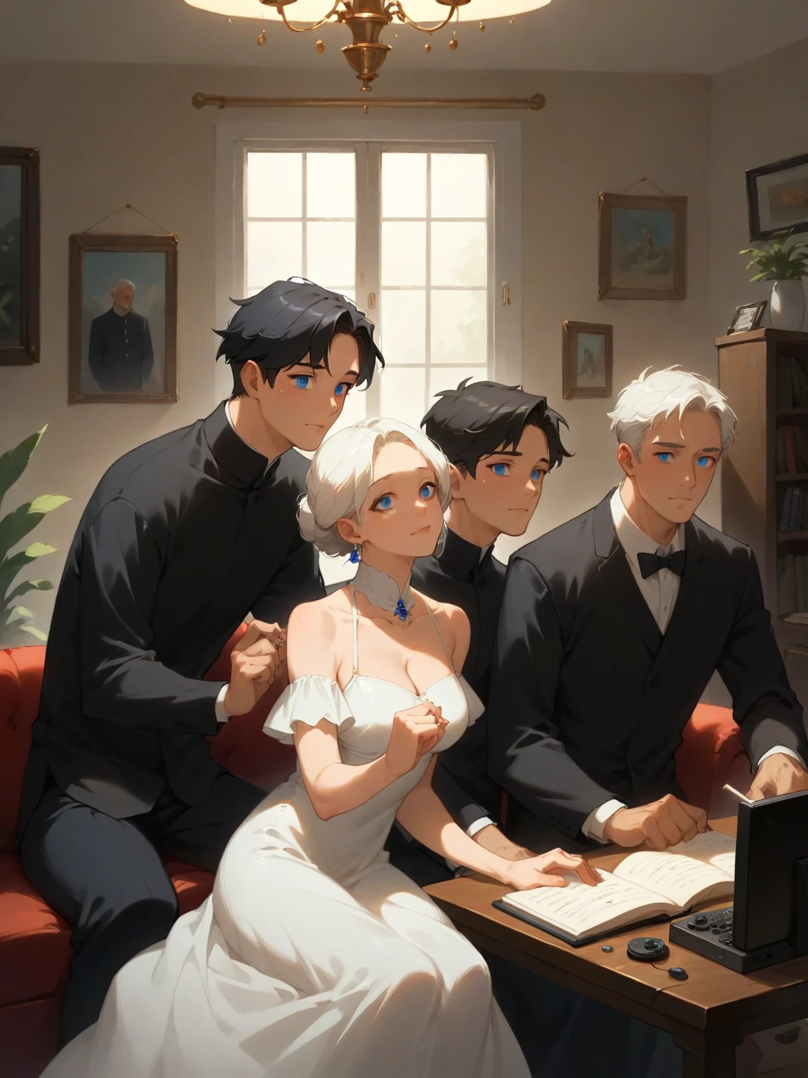 gramophone วินเทจ, simple living room , Quiff hairstyle, black short hair , old phonograph, gramophone，Listen to music，rest day ，The background is the house. , 3 men, father and son,  3 men, （30 year old man：mature man，สวมใส่white dress，black hair, blue eyes），（2 year old boy：black dress,black hair,blue eyes），（2 year old boy：white dress,white hair,blue eyes）