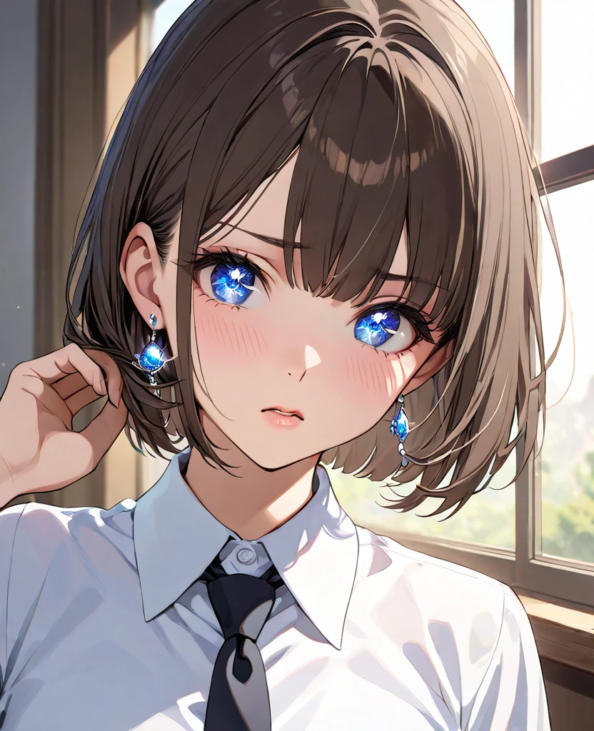 masterpiece, best quality, ultra detailed, sparkling eyes, beautiful detailed eyes, 16 years old, A close-up portrait of a young woman with short, dark brown hair and blue eyes, styled in a bob cut. She has a slightly worried or concerned expression with her lips slightly parted. Her cheeks are lightly blushed. She is wearing a white blouse with a black necktie. Her right hand is gently touching her hair near her ear, where she wears a delicate earring. The background shows an school-like environment with large windows. The lighting is soft, providing a calm and serene atmosphere.