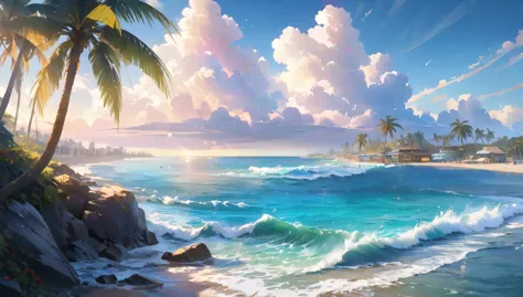 sparkling sea and tropical ocean, sunny sky with fluffy white clouds, palm trees along the coast, blur the background,pleasant s...