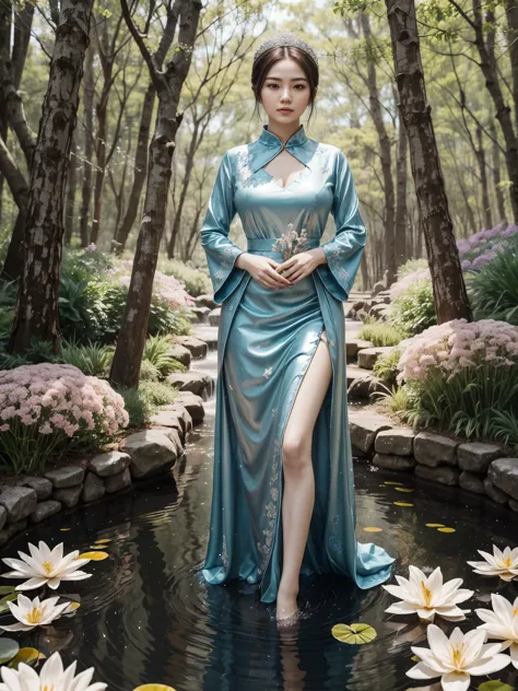 1girl, detailed face, wears a very elegant noblewoman oufit, realistic, glowing irisdescent flowers, lily forest, lili pad, tran...