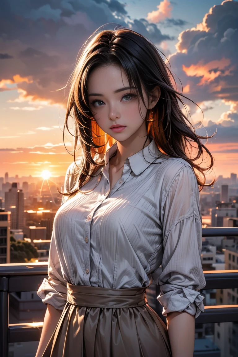 ((Masterpiece, top quality, high resolution)), ((highly detailed CG unified 8K wallpaper)), There is a plane flying in the morning sky, cloudy morning sunrise, strong sun rising in the sky, moody morning sunrise in the background, orange sky outside, cloudy morning sunrise, sky setting, morning sunrise in the background, sunrise is, morning sunrise in the background, sky in the background, sky in the background, dramatic sky and,