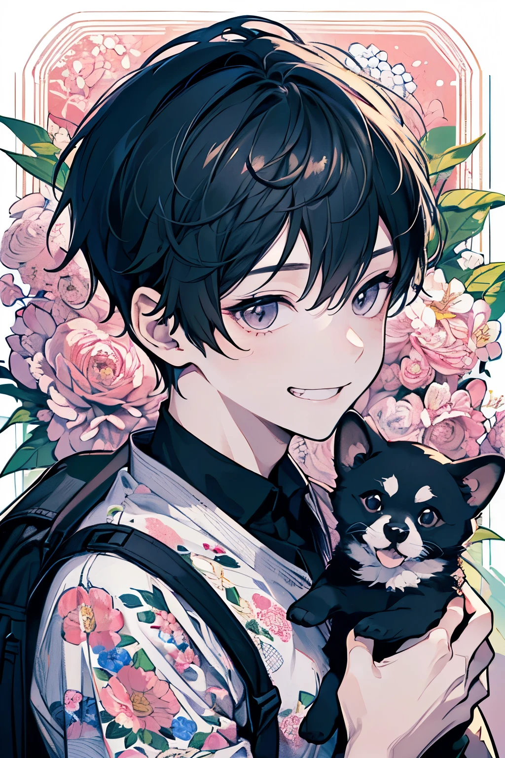 ((young boy:1.1)),((A boy about 5 years old:1.2)),((Shota:1.2)),(Oversized floral T-shirt:1.35),Prompt: An incredibly charming  carrying a backpack, accompanied by her adorable puppy, enjoying a lovely spring outing surrounded by beautiful  flowers and natural scenery. The illustration is in high definition at 4k resolution, with highly-detailed facial features and cartoon-style visuals,((A big smile:1.25)).