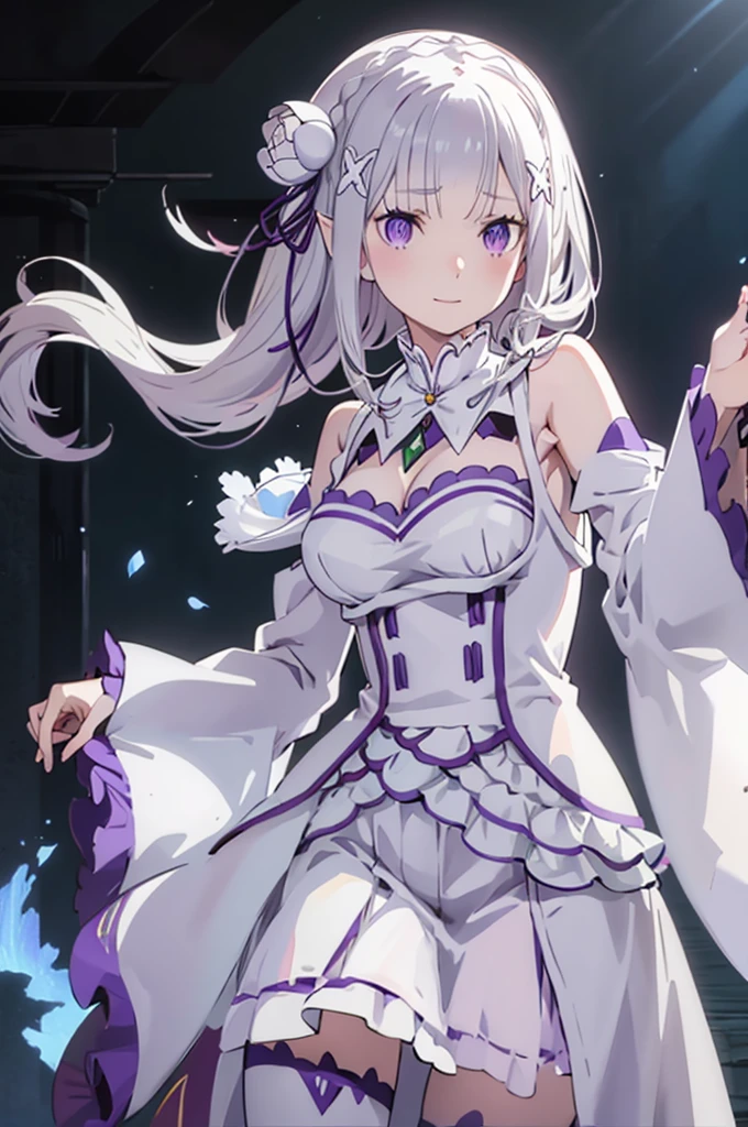 emília, 
Rezero emília, 
1 garota, 
melhor ilustração, obra de arte, melhor qualidade, (captura de tela de anime:0.8), (Arte oficial:0.7), lindo rosto e olhos detalhados, belas mãos, mãos perfeitas, QUEBRE cabelos longos, Cabelo longo preso, Trança, crown Trança, Animar, anime keyvisual, ilustração super fina, anatomia perfeita, 
cabelo branco, 
(olhos roxos:1.2), (lindos olhos detalhados:1.6),
Olhando para o visualizador, 
Orelhas pontudas,
BREAK sorriso, 
vestir, pink vestir, BREAK Ombros Nus, colarinho destacado, mangas compridas, recorte de ombro, mangas largas, mangas brancas, 
seios médios, 
zetai ryouiki, 
flor, hair flor, hair ornament, fita de cabelo,   white flor, x hair ornament,
tiro de vaqueiro ,
iluminação perfeita,
fundo de interior, 