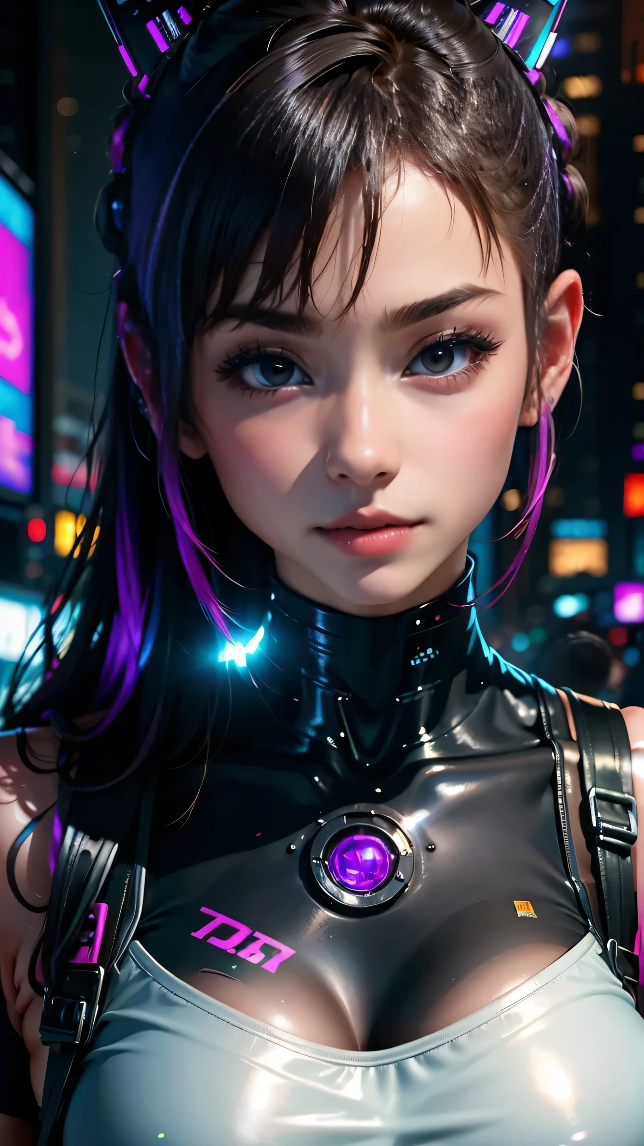 Highest quality、masterpiece、8K、Realistic、超High resolution、Very delicate and beautiful、High resolution、Cinema Lighting、Face close-up、Perfect female body、(Big Breasts:1.6)、Opposition、Looking at the audience、((Cyberpunk woman、Neon Light:1.3、Leather clothing、futuristic decoration、Undercut Hair、Luminous tattoo:1.6、Cyberware))、Holographic Accessories:1.4、Metallic Makeup、boots、City Skyline、Glow in the Dark、High-tech gadgets、Cyberspace、Vivid Color、headset、Cybernetic prosthetic limbs、Streetwear、Dark and mysterious atmosphere、Electronic bulletin board、Artificial Intelligence、City of the Future、Rebellious attitude