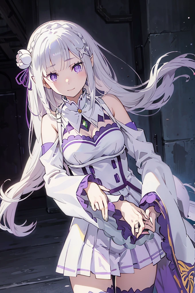 emilia, 
Rezero emilia, 
1girl, 
best illustration, masterpiece, best quality, (anime screencap:0.8), (official art:0.7), detailed beautiful face and eyes, nice hands, perfect hands, BREAK long hair, low-tied long hair, braid, crown braid, animate, anime keyvisual, white hair, (detail focus hand:1.2), 
(purple eyes:1.2), (beautiful detailed eyes:1.6),
looking at viewer, 
pointy ears,
BREAK smile, 
dress, pink dress, BREAK bare shoulders, detached collar, long sleeves, shoulder cutout, wide sleeves, white sleeves, 
medium breasts, 
zettai ryouiki, 
flower, hair flower, hair ornament, hair ribbon,   white flower, x hair ornament,
cowboy shot ,
perfect lighting,
background of indoor, 