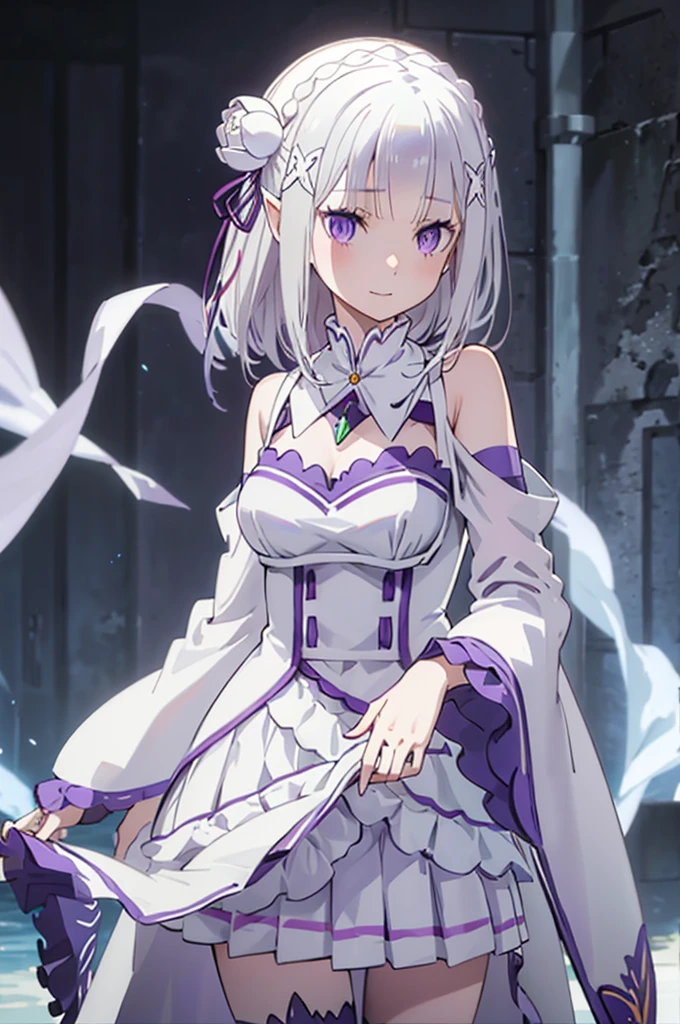 emilia, 
Rezero Emilia, 
1 Mädchen, 
beste Illustration, Meisterwerk, beste Qualität, (Anime-Screencap:0.8), (offizielle Kunst:0.7), detailliertes schönes Gesicht und Augen, schöne Hände, perfekte Hände, BREAK lange Haare, tief zusammengebundene lange Haare, flechten, crown flechten, Animieren, Anime-Schlüsselbild, weißes Haar, (Detailfokus Hand:1.2), 
(lila Augen:1.2), (Schöne, detaillierte Augen:1.6),
Betrachter betrachten, 
spitze Ohren,
Pause Lächeln, 
Kleid, pink Kleid, BREAK nackte Schultern, Abnehmbarer Kragen, lange Ärmel, Schulterausschnitt, weite Ärmel, Weiße Ärmel, 
mittlere Brüste, 
zettai ryouiki, 
Blume, hair Blume, Haarverzierung, Haarband,   white Blume, x Haarverzierung,
Cowboy-Schuss ,
Perfekte Beleuchtung,
hintergrund der innen, 