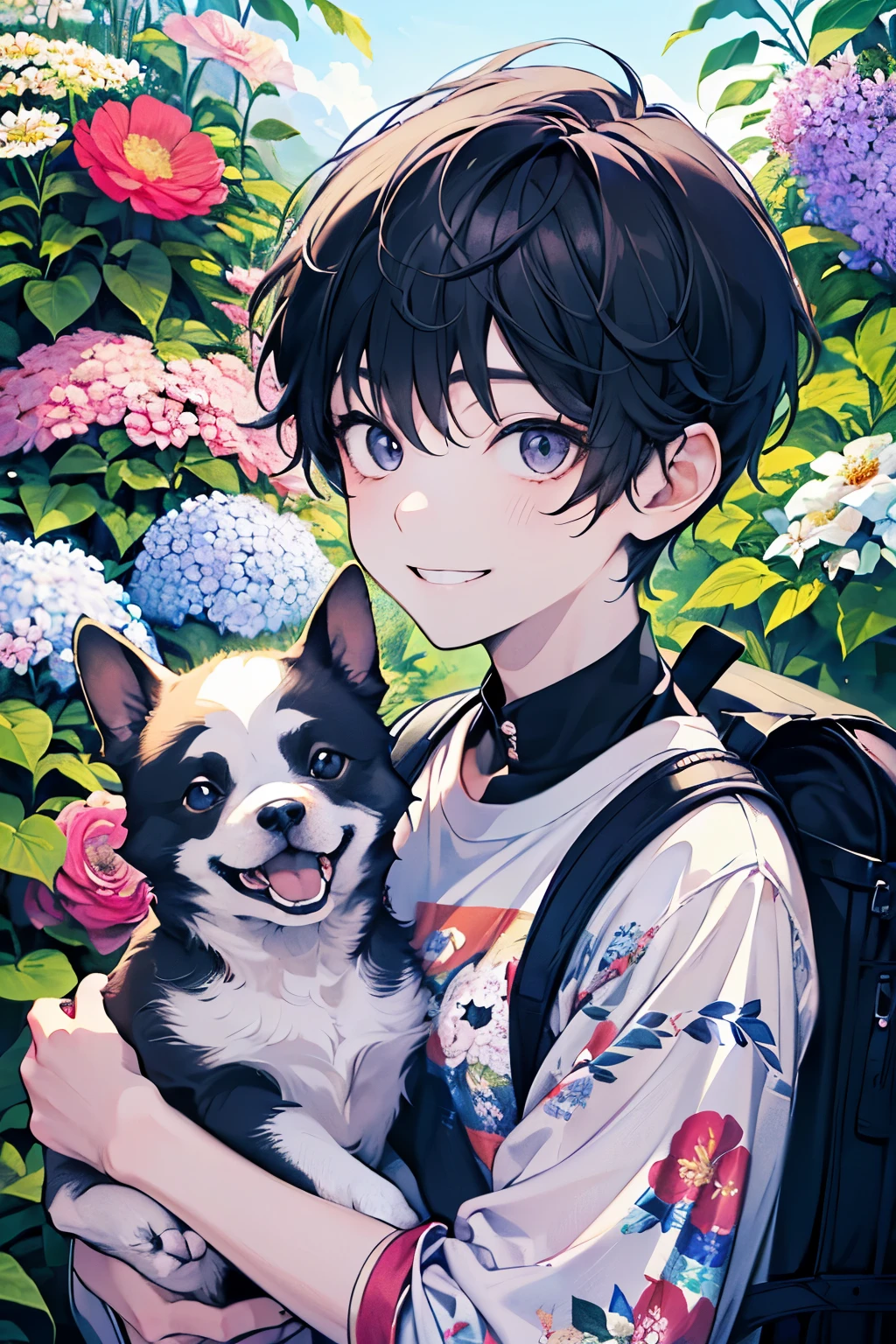 ((kids:1.1)),((A boy about 5 years old:1.2)),((Shota:1.2)),(Oversized floral T-shirt:1.35),Prompt: An incredibly charming  carrying a backpack, accompanied by her adorable puppy, enjoying a lovely spring outing surrounded by beautiful  flowers and natural scenery. The illustration is in high definition at 4k resolution, with highly-detailed facial features and cartoon-style visuals,((A big smile:1.25)).
