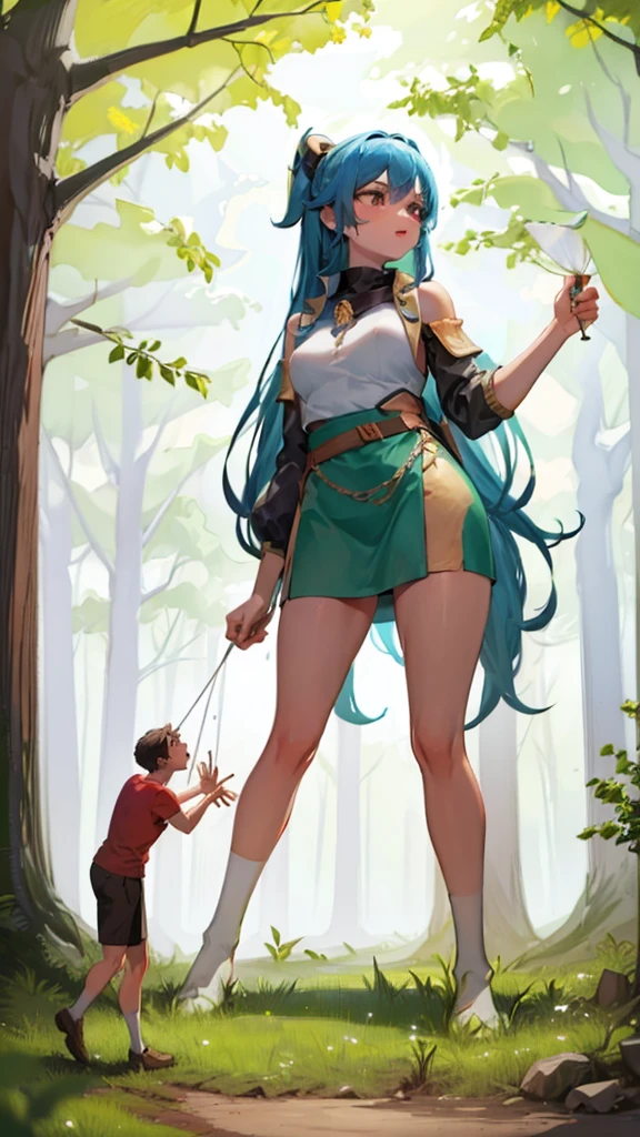 In a forest of large trees there is an even larger Amazonian giantess, with brown skin, black hair, thin, with clothes of the forest, and with very long legs, she is looking for small human invaders of the forest to destroy them so that they do not disturb the peace of the forest. Giantess, goddess, hot, black skin, tall legs, sexy, tiny people, tiny humans, crush, forest, trees, standing, group of small people, slim body