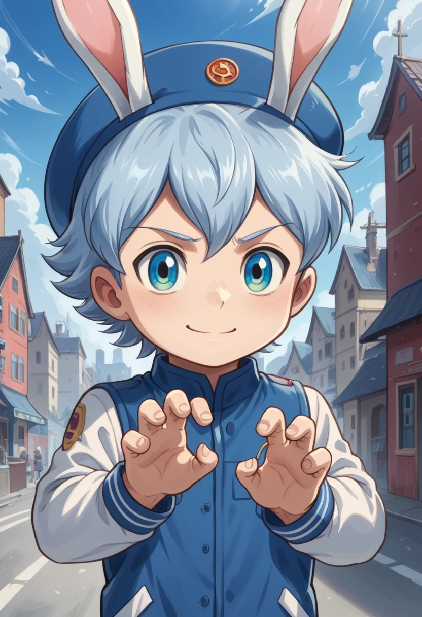 Score_9, score_8_up, score_7_up, rating_safe, Cute young naked boy, luca,blue hair, blue eyes, rabbit ears,rabbit boy,　cute face, very smail, light smile,  grinning evily，Boy student，short detailed hair，Shota，solo person，Wear a red and blue beret，punky style，Black stroke，solo person，Fluttering feathers，The city of the future，nigth，Contre-Jour,  ((full view body)), claw pose,