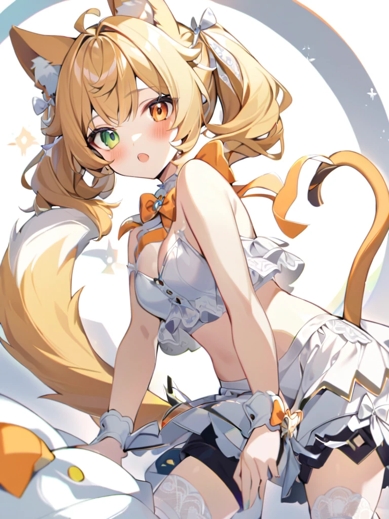 1girl, animal ears, bangs, bare shoulders, blonde hair, blush, bow, breasts, white cleavage, cropped torso, , green eyes, hair ribbon, heterochromia,  stlooking at viewer, open mouth, orange bow, orange eyes, orange ribbon, ears like an unearthly animal, fluffy tail, light tail, real tail, ribbon, solo, stuffed animal, stuffed bunny, stuffed toy, twintails, upper body, full-length, white legbands, white shoes with lace and white bows, white background, wrist cuffs, yellow eyes, bloomers, close-up, fair skin frills, lace, midriff, skirt, solo, , white background,shorts, white top with ribbon and lace and trousers,trousers, genshin,white slippers with a bow,All clothes are white, laceAt full height, it stands, в полный рост,One tail, fluffy 