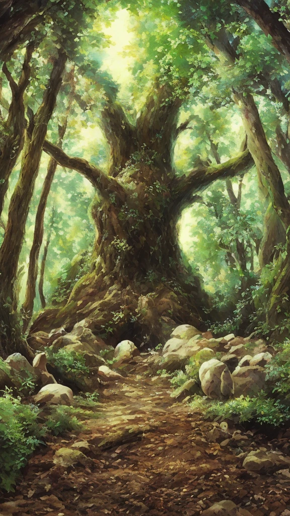 A large ancient tree in a mystical forest with multiple kodama, Japanese tree spirits, scattered around. Some kodama are perched on the branches of the tree, while others are on the forest floor. The kodama have white, slightly translucent bodies, round heads with black holes for eyes and mouth, and simple, friendly expressions. They have very slim bodies matching the reference image. The forest is dense with tall, ancient trees, glowing ethereal lights, and an enchanted atmosphere. The dappled sunlight filtering through the leaves adds to the mystical and serene feeling. The image should be in a 9:16 aspect ratio.