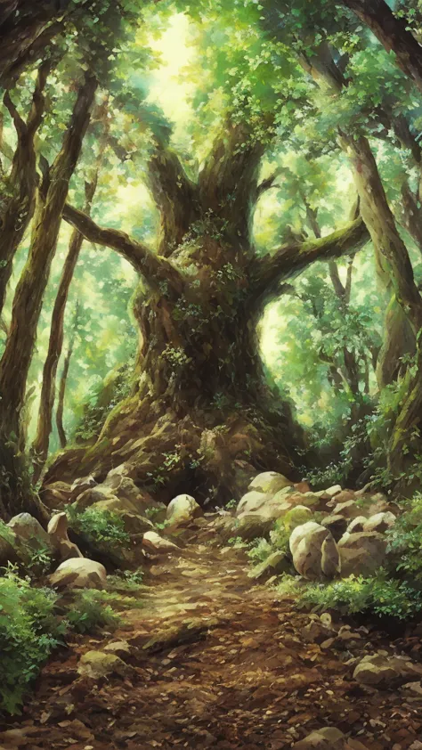 a large ancient tree in a mystical forest with multiple kodama, japanese tree spirits, scattered around. some kodama are perched...