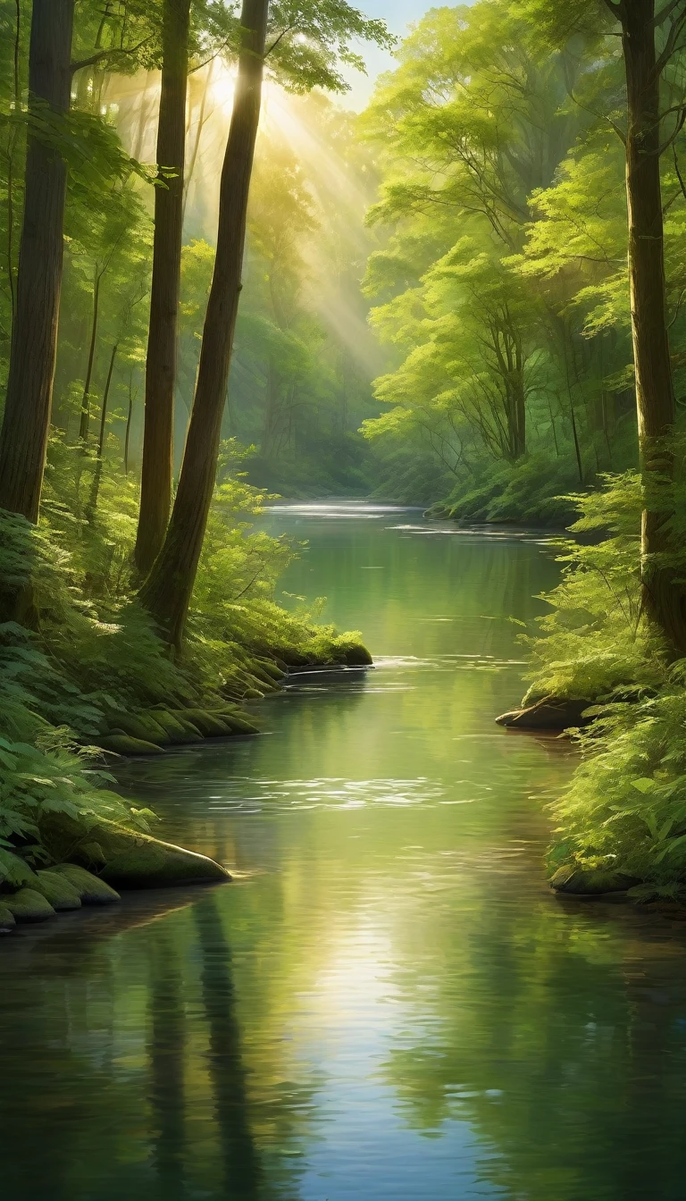 A serene river flows through a tranquil forest, with warm, glowing light filtering through the trees. The forest exudes a peaceful and enchanting atmosphere, with the light creating beautiful reflections on the water. The scene is richly detailed, with lush greenery, tall trees, and a harmonious blend of shadows and highlights, enhancing the overall beauty and tranquility.