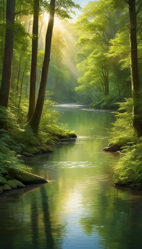A serene river flows through a tranquil forest, with warm, glowing light filtering through the trees. The forest exudes a peacef...