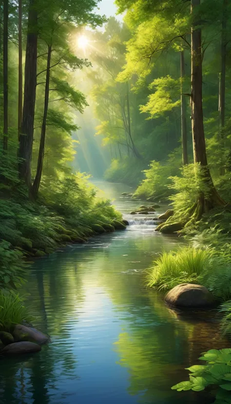 A serene river flows through a tranquil forest, with warm, glowing light filtering through the trees. The forest exudes a peacef...