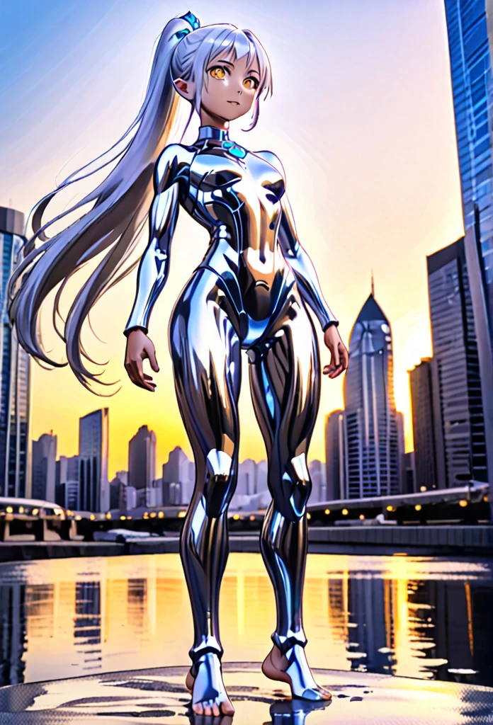 1girl, solo, anime style, 4k quality, masterpiece, best quality, sword art online, , loli, yui, long hair, blunt bangs, white hair, very long hair, high ponytail, pointy ears, elf, barefoot, ultrawoman, robot, colored skin, glowing eyes, yellow eyes, flat chest, giantess, giant, metallic face, metallic skin, shiny skin, chrome skin, gem on chest, colour timer on chest, chest jewel, blue jewel, muscular, abs, Female Bodybuilding Style, beam, tokusatsu,  ultra beam, thick thighs, looking at viewer, full body, smile, closed mouth, standing, giantess, outdoor, city, citycape, skyscraper