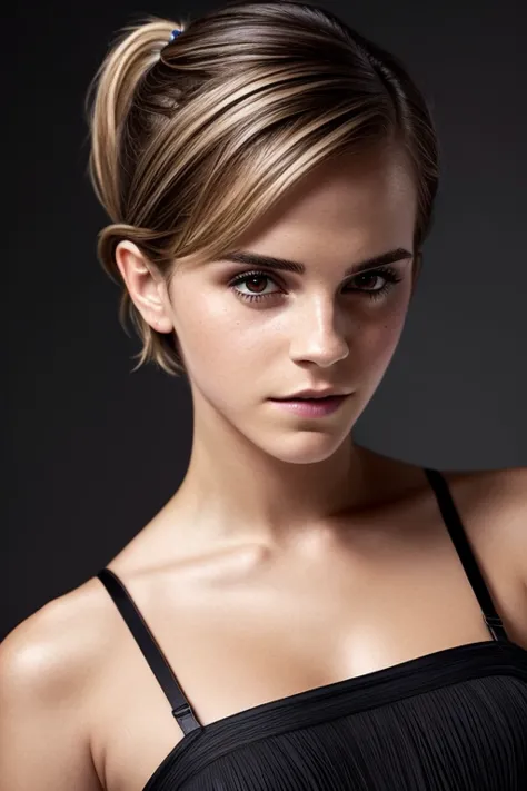 Gorgeous european woman with very short hair, short ponytail with fringe, wet hair, hair slicked back, combed straight back, sli...