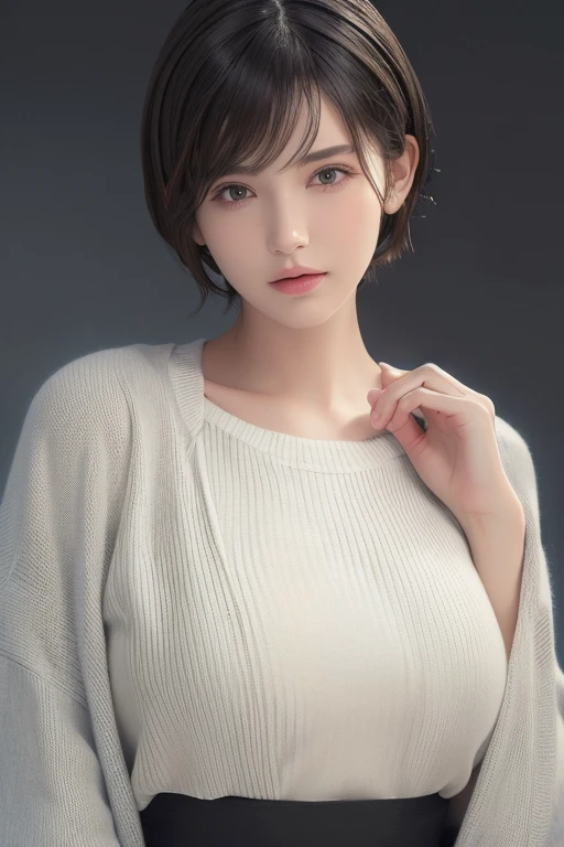 (masterpiece:1.3), (8K, lifelike, original photo, best quality: 1.4), (1 girl), pretty face, (lifelike face), (black hair, short hair:1.3), beautiful hairstyle, Lifelike eyes, Beautiful and delicate eyes, (lifelike skin), Beautiful skin, (sweater), Ridiculous, attractive, ultra high resolution, surreal, Very detailed, golden ratio，whole body，slim waist，raised buttocks，