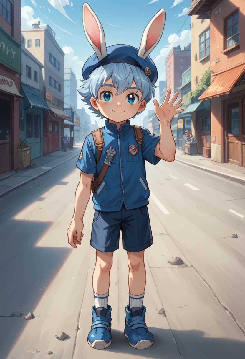 Score_9, score_8_up, score_7_up, rating_safe, Cute young naked boy, luca,blue hair, blue eyes, rabbit ears,rabbit boy,　cute face, very smail, light smile,  grinning evily，Boy student，short detailed hair，Shota，solo person，Wear a red and blue beret，punky style，Black stroke，solo person，The city of the future，nigth，Contre-Jour,  ((full view body)), waving at viewer ,