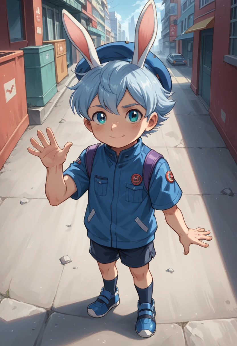 Score_9, score_8_up, score_7_up, rating_safe, Cute young naked boy, luca,blue hair, blue eyes, rabbit ears,rabbit boy,　cute face, very smail, light smile,  grinning evily，Boy student，short detailed hair，Shota，solo person，Wear a red and blue beret，punky style，Black stroke，solo person，The city of the future，nigth，Contre-Jour,  ((full view body)), waving at viewer ,