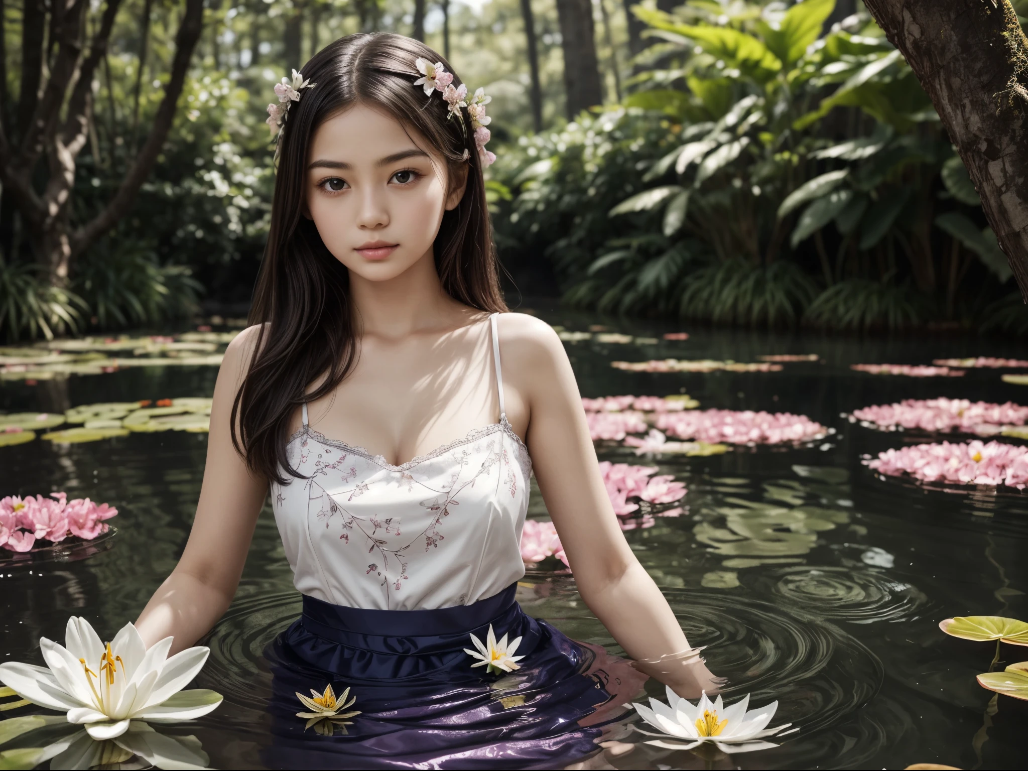 1girl, detailed face, wears a very elegant noblewoman oufit, realistic, glowing irisdescent flowers, lily forest, lili pad, tranquil ponds, (solo:1.2), (full body:0.6), (looking at viewer:1.2), (10yo, cute:1.2), (breasts:1.2), 