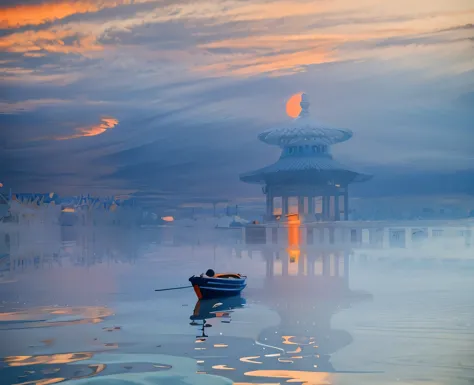 long exposure photography，award-winning photography，practical，in waters with boats，sunset, ，stunning lighting, abstract， claude ...