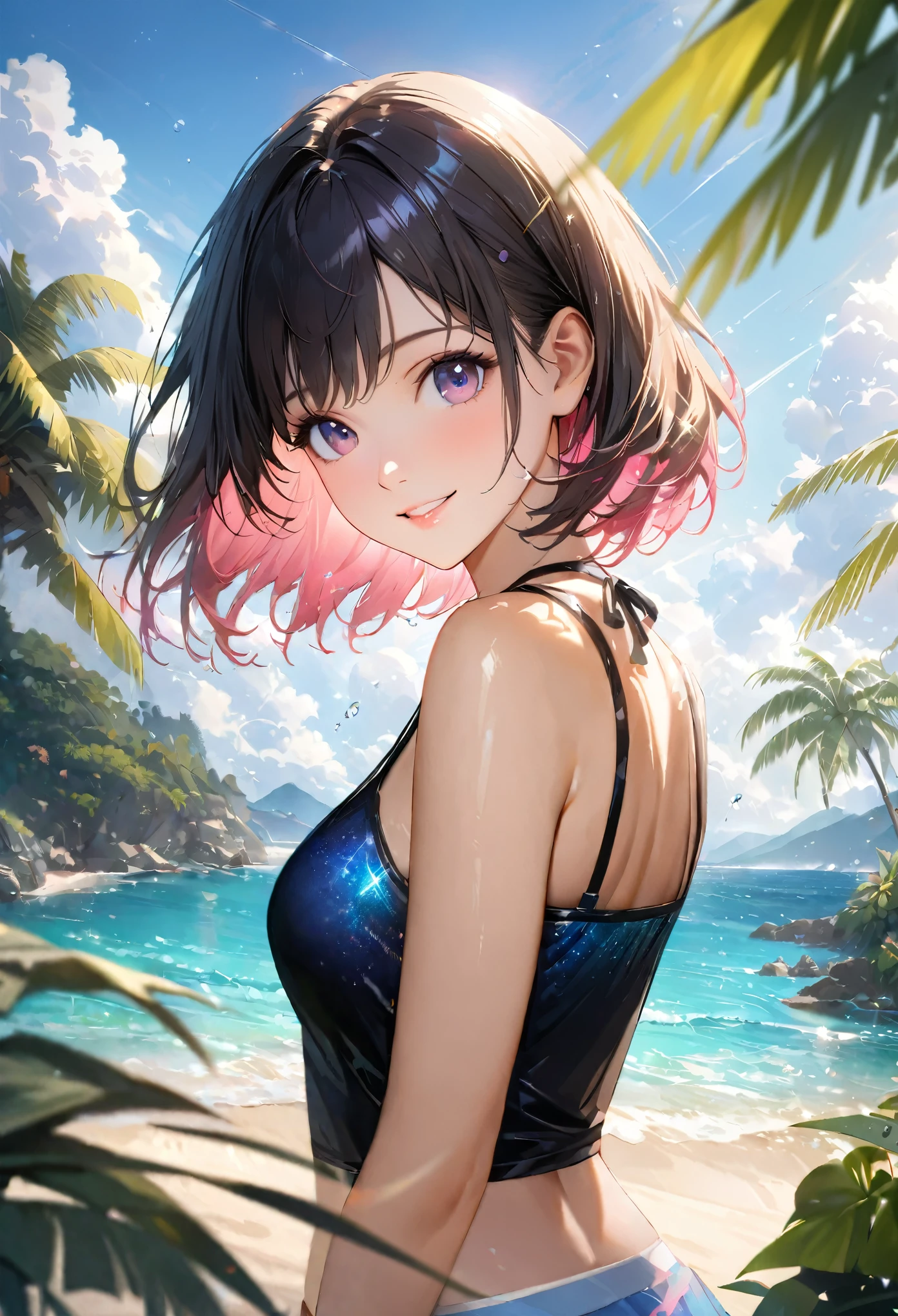 Sparkling sea and tropical ocean, Sunny sky with fluffy white clouds, Palm trees along the coast, Blur the background,Pleasant sea breeze,high school girl,Swimwear,short hair,smile,Glitter effect,Highest quality, 4K, 8K, High resolution, masterpiece:1.2, Very detailed, Realistic:1.37, High resolution, 超High resolution, Ultra-fine painting, Sharp focus, Physically Based Rendering, Very detailedな説明, Professional, Vibrant colors