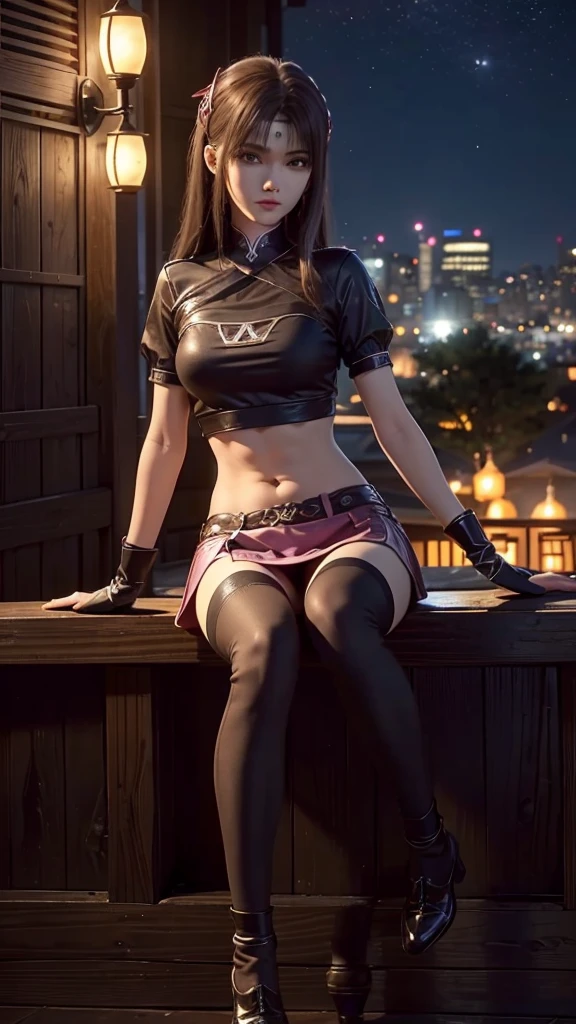 （（midynight， Acura， 8K， tmasterpiece： 1.3））， full bodyesbian， long leges， Focalors： 1.2， perfect figure beautiful woman： 1.4， Slim abs： 1.1， （dark brown  hair，： 1.2 ））， （Pink skinny T-shirt， short  skirt，sitting on a stool： 1.2）， （city night scene， the roof： 1.3））， Highly Detailed Face and Skin Textur， detailedeyes， double eyelid，