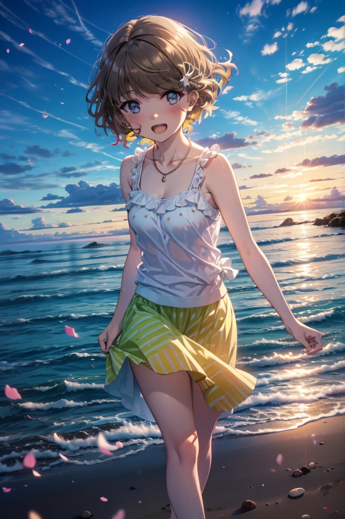 tomoekoga, Chie Koga, Long Hair, Brown Hair, Blue eyes, Hair Clip,happy smile, smile, Open your mouth,Yellow tank top shirt,No sleeve,Shell Necklace,Yellow long skirt,barefoot,barefoot,Walking,True Summer,Daytime,Hair is fluttering in the wind,Walking on Sandy Beach,whole bodyがイラストに入るように,
BREAK outdoors, Sandy Beach,Beach,
BREAK looking at viewer, whole body,
BREAK (masterpiece:1.2), Highest quality, High resolution, unity 8k wallpaper, (figure:0.8), (Beautiful attention to detail:1.6), Highly detailed face, Perfect lighting, Highly detailed CG, (Perfect hands, Perfect Anatomy),