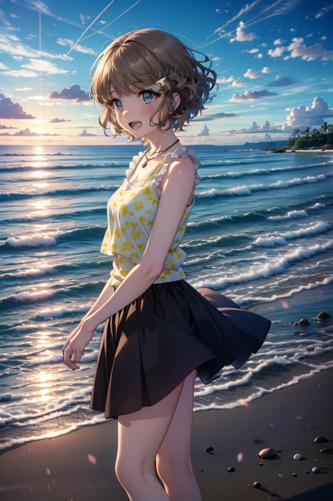 tomoekoga, Chie Koga, Long Hair, Brown Hair, Blue eyes, Hair Clip,happy smile, smile, Open your mouth,Yellow tank top shirt,No sleeve,Shell Necklace,Yellow long skirt,barefoot,barefoot,Walking,True Summer,Daytime,Hair is fluttering in the wind,Walking on Sandy Beach,whole bodyがイラストに入るように,
BREAK outdoors, Sandy Beach,Beach,
BREAK looking at viewer, whole body,
BREAK (masterpiece:1.2), Highest quality, High resolution, unity 8k wallpaper, (figure:0.8), (Beautiful attention to detail:1.6), Highly detailed face, Perfect lighting, Highly detailed CG, (Perfect hands, Perfect Anatomy),