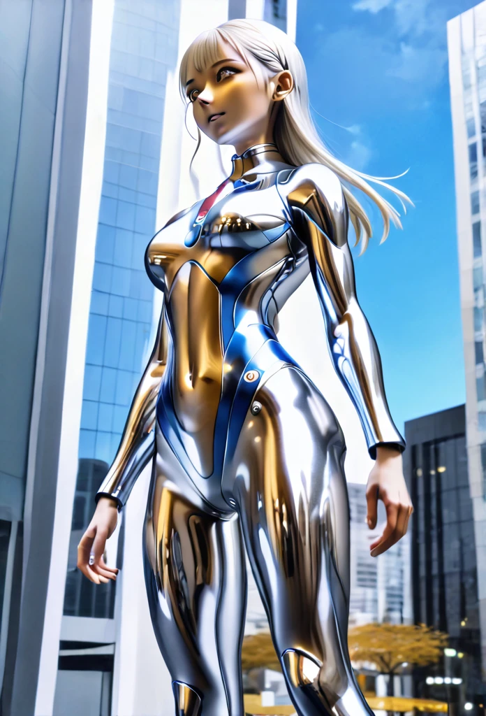 1girl, solo, anime style, 4k quality, masterpiece, best quality, sword art online, lolita, , yui, long hair, blunt bangs, white hair, very long hair, high ponytail, pointy ears, elf, barefoot, ultrawoman, robot, colored skin, glowing eyes, yellow eyes, flat chest, giantess, giant, metallic face, metallic skin, shiny skin, chrome skin, gem on chest, colour timer on chest, chest jewel, blue jewel, muscular, abs, Female Bodybuilding Style, ultra beam, thick_thighs, looking at viewer, full body, smile, closed mouth, standing, giantess, outdoor, city, citycape, skyscraper