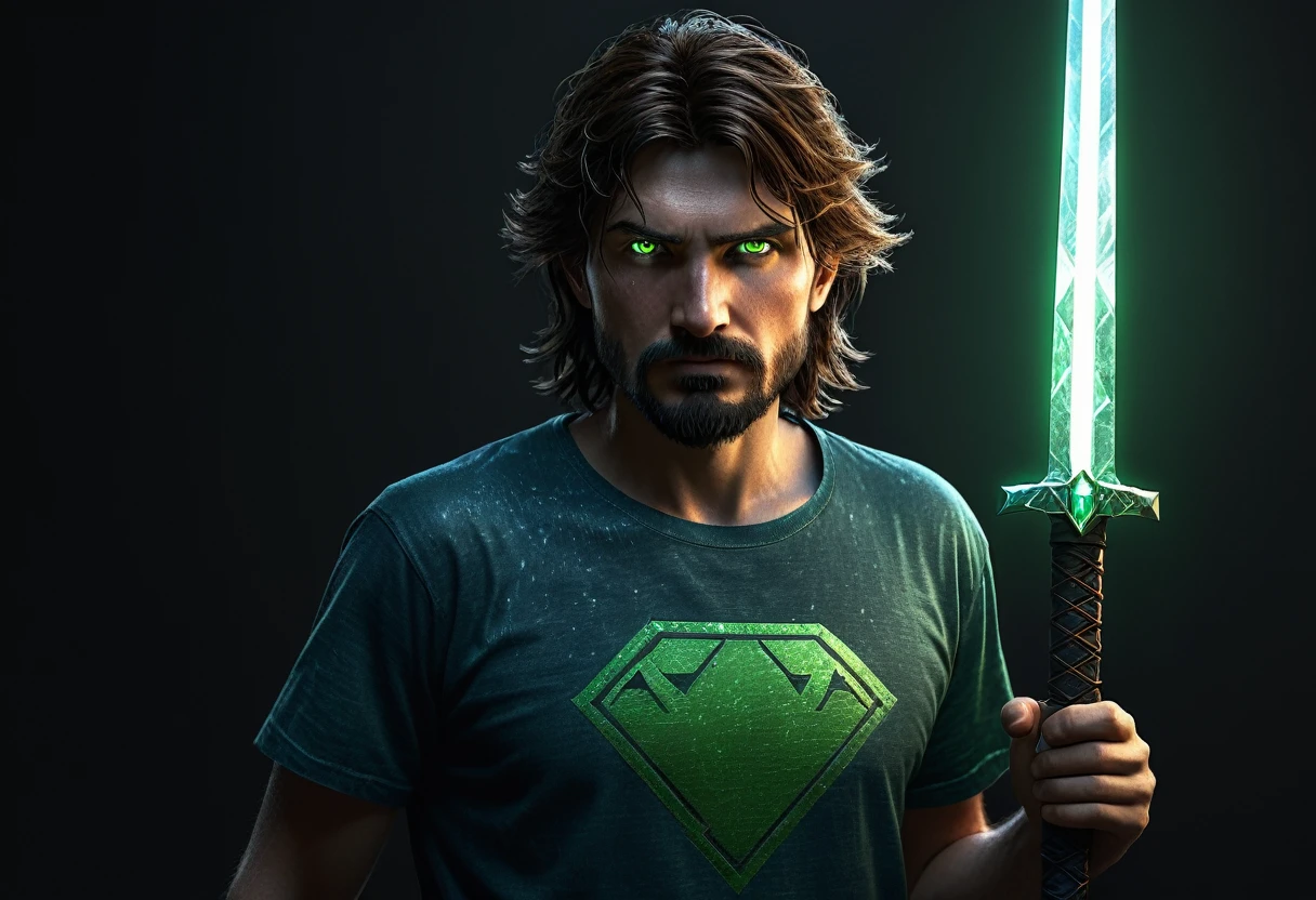 Herobrine, The Anti Hero Character from Minecraft story, Realistic, like human, Photorealistic, with White eerie glowing eyes, wearing old green t-shirt, old blue jean, He is a young man with short beard on his face, black hair, the lighting surround his body, holding an lighting dimond sword in hand , Stand with a beautiful woman  who has golden waving hair  in tactical armor