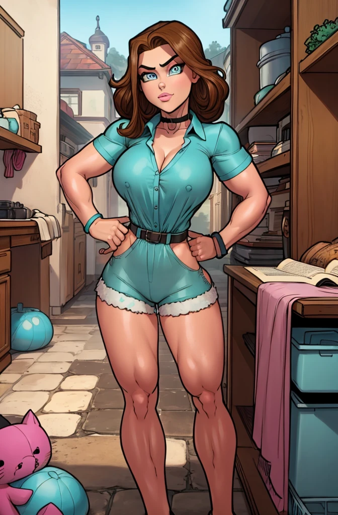 Masterpiece. detailed eyes, rabiestlagomorph, messy brown hair tied back, light blue eyes, busty, turquoise deep cut collared shirt, short sleeves, magenta booty shorts, slender, choker