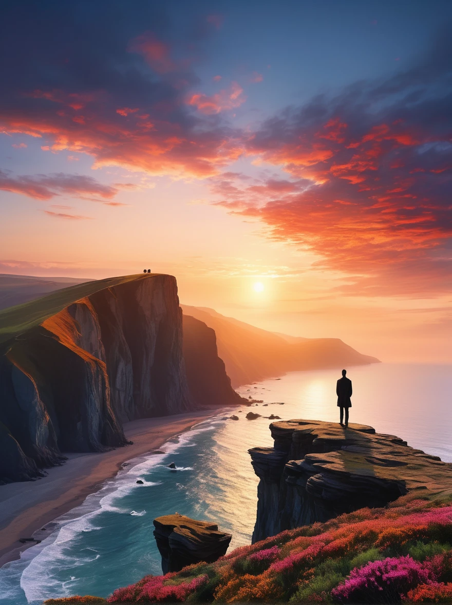 Create a visual representation of a solitary figure on a cliff during sunrise. The individual stands tall in awe and wonder under the expansive sky, their silhouette a stark contrast against the vibrantly colored morning light. They are in a deep state of contemplation, the serene atmosphere around them speaks of tranquility and solitude. The perspective is from a wide-angle view emphasizing the immense scope of the breathtaking landscape filled with natural elements. The image should evoke a sense of drama and magnitude with the effective use of light and shade.