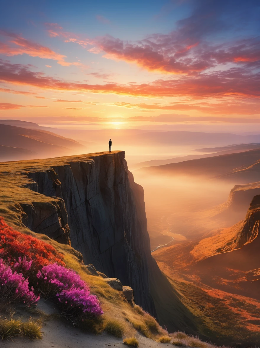 Create a visual representation of a solitary figure on a cliff during sunrise. The individual stands tall in awe and wonder under the expansive sky, their silhouette a stark contrast against the vibrantly colored morning light. They are in a deep state of contemplation, the serene atmosphere around them speaks of tranquility and solitude. The perspective is from a wide-angle view emphasizing the immense scope of the breathtaking landscape filled with natural elements. The image should evoke a sense of drama and magnitude with the effective use of light and shade.