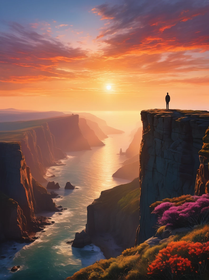 Create a visual representation of a solitary figure on a cliff during sunrise. The individual stands tall in awe and wonder under the expansive sky, their silhouette a stark contrast against the vibrantly colored morning light. They are in a deep state of contemplation, the serene atmosphere around them speaks of tranquility and solitude. The perspective is from a wide-angle view emphasizing the immense scope of the breathtaking landscape filled with natural elements. The image should evoke a sense of drama and magnitude with the effective use of light and shade.