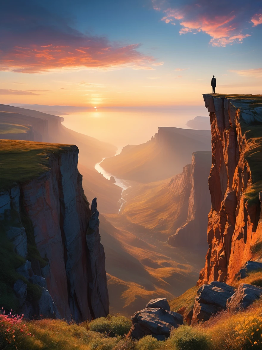 Create a visual representation of a solitary figure on a cliff during sunrise. The individual stands tall in awe and wonder under the expansive sky, their silhouette a stark contrast against the vibrantly colored morning light. They are in a deep state of contemplation, the serene atmosphere around them speaks of tranquility and solitude. The perspective is from a wide-angle view emphasizing the immense scope of the breathtaking landscape filled with natural elements. The image should evoke a sense of drama and magnitude with the effective use of light and shade.