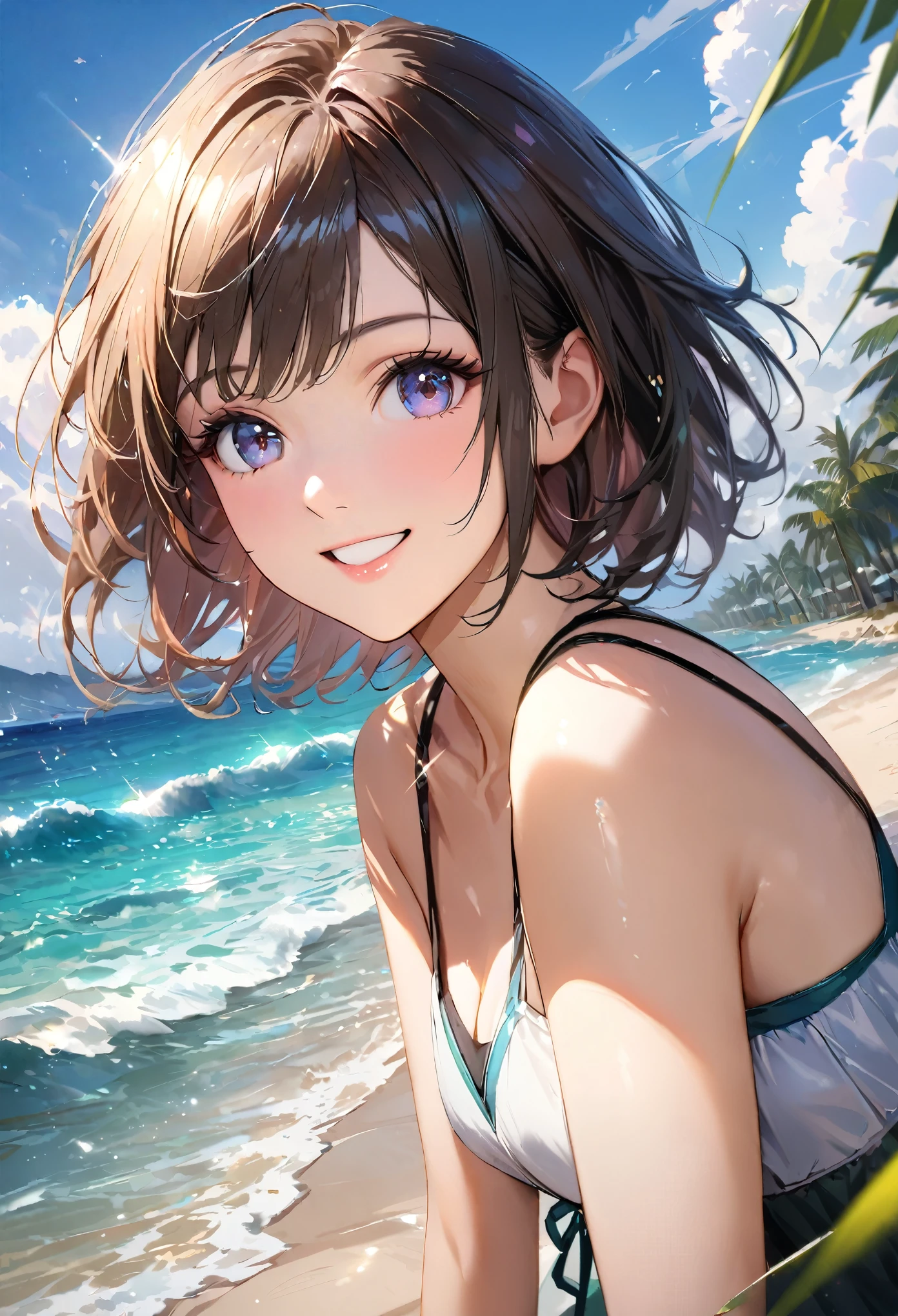 Chica anime en la playa con ojos azules - SeaArt AI