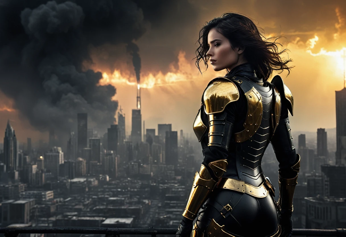 (((A very Beautiful female soldier  with long waving golden wearing Pitch black Full armor))), in Dark Cyber punk theme, ((stand alone in the Dark City)), (((Sky burn in background))), (Chaos scenes in the big city), Collapse and civil war, destruction, (((The backdrop of depressing sadness))), Dull tone, Professional lighting, (((Sci-fi movies,Hollywood movies, Professional staging, Realistic images are very high., Hyperrealistic))), fantasy picture, Realistic,studio lighting, flare from the sky,The air was gloomy and smoky.