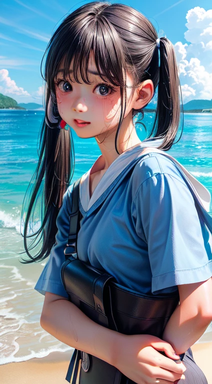 High resolution, Highest quality,  super high quality, Very detailed, 8K、Swimwear、、Embarrassing、Sweaty、Sweat、Embarrassing、(masterpiece:1.2, Highest quality), (Realistic, photoRealistic:1.4), Beautiful illustrations, (Natural Side Lighting, Cinema Lighting), View your audience, whole body, 1 Girl, Japanese, high school girl, Perfect Face, Cute and symmetrical face, Shiny skin, Baby Face, (Twin tails,Black Hair), Hair between the eyes, black eye, Big eyes, Droopy eyes, (Center of chest, Captivating thighs, Big Ass)