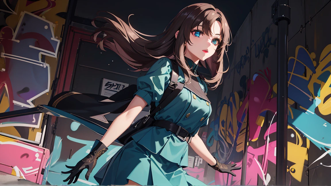 bangs,brown_hair, long_hair,red eyes,lipstick,makeup,
BREAK black gloves, gloves, skirt, dress, green dress, short sleeves, puffy sleeves, juliet sleeves, short skirt, green skirt,
BREAK (Graffiti:1.5), Splash with purple lightning pattern, arm behind back, against wall, View viewers from the front,  bored,
BREAK outdoors,
BREAK (masterpiece:1.2), best quality, high resolution, unity 8k wallpaper, (illustration:0.8), (beautiful detailed eyes:1.6), extremely detailed face, perfect lighting, extremely detailed CG, (perfect hands, perfect anatomy),