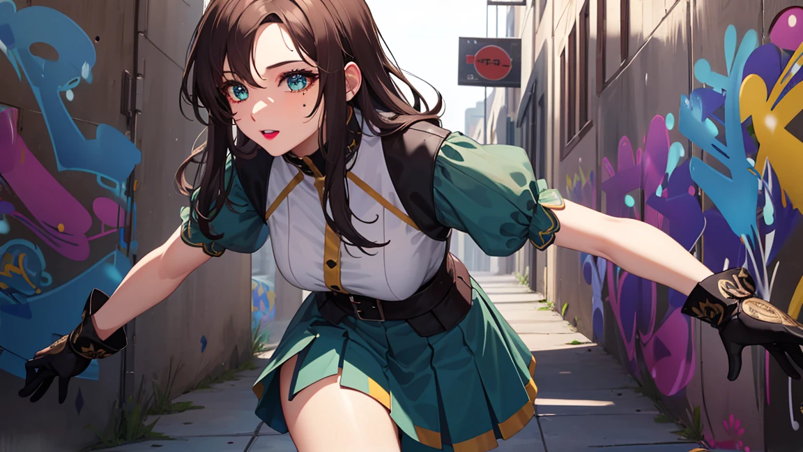 bangs,brown_hair, long_hair,red eyes,lipstick,makeup,
BREAK black gloves, gloves, skirt, dress, green dress, short sleeves, puffy sleeves, juliet sleeves, short skirt, green skirt,
BREAK (Graffiti:1.5), Splash with purple lightning pattern, arm behind back, against wall, View viewers from the front,  bored,
BREAK outdoors,
BREAK (masterpiece:1.2), best quality, high resolution, unity 8k wallpaper, (illustration:0.8), (beautiful detailed eyes:1.6), extremely detailed face, perfect lighting, extremely detailed CG, (perfect hands, perfect anatomy),