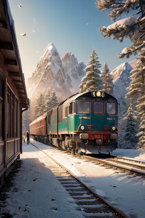 (Dawn landscape:1.５)、Long shot of a snowy rural station platform、Distant and Near Views、Diesel trains、winter、Female figure、Beaut...