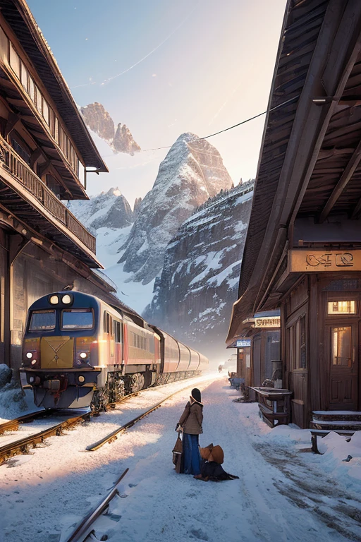 (Dawn landscape:1.５)、Long shot of a snowy rural station platform、Distant and Near Views、Diesel trains、winter、Female figure、Beautifully detailed、al、Photorealistic、Photorealistic:1.37、Highest quality、4K、8K、High resolution、masterpiece:1.2、Super detailed、HDR、uhd、Studio Lighting、Ultra-fine painting、Sharp Focus、Physically Based Rendering、Extremely detailed depiction、professional、Bright colors、Bokeh、wtrcolor style