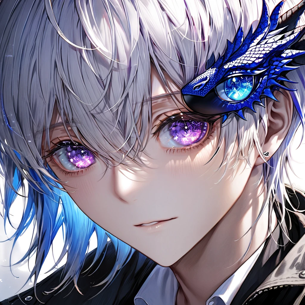 a handsome anime-style male character with silver shoulder-length hair with purple streaks often covering his left eye, heterochromatic eyes - left eye is ruby red with a gear-like lens, right eye is sky blue with a star-like lens, often covered by a mysterious black eyepatch, wearing a black trench coat with silver embellishments, high-collared shirt, black fingerless gloves with blue lines, a pendant with a black dragon emblem, (best quality,4k,8k,highres,masterpiece:1.2),ultra-detailed,(realistic,photorealistic,photo-realistic:1.37),highly detailed face and eyes, intricate details, dramatic lighting, cinematic composition, vibrant colors, digital painting,portrait