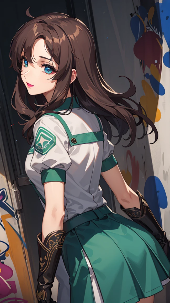 bangs,brown_hair, long_hair,red eyes,lipstick,makeup,
BREAK black gloves, gloves, skirt, dress, green dress, short sleeves, puffy sleeves, juliet sleeves, short skirt, green skirt,
BREAK (Graffiti:1.5), Splash with purple lightning pattern, arm behind back, against wall, View viewers from the front,  bored,
BREAK outdoors,
BREAK (masterpiece:1.2), best quality, high resolution, unity 8k wallpaper, (illustration:0.8), (beautiful detailed eyes:1.6), extremely detailed face, perfect lighting, extremely detailed CG, (perfect hands, perfect anatomy),