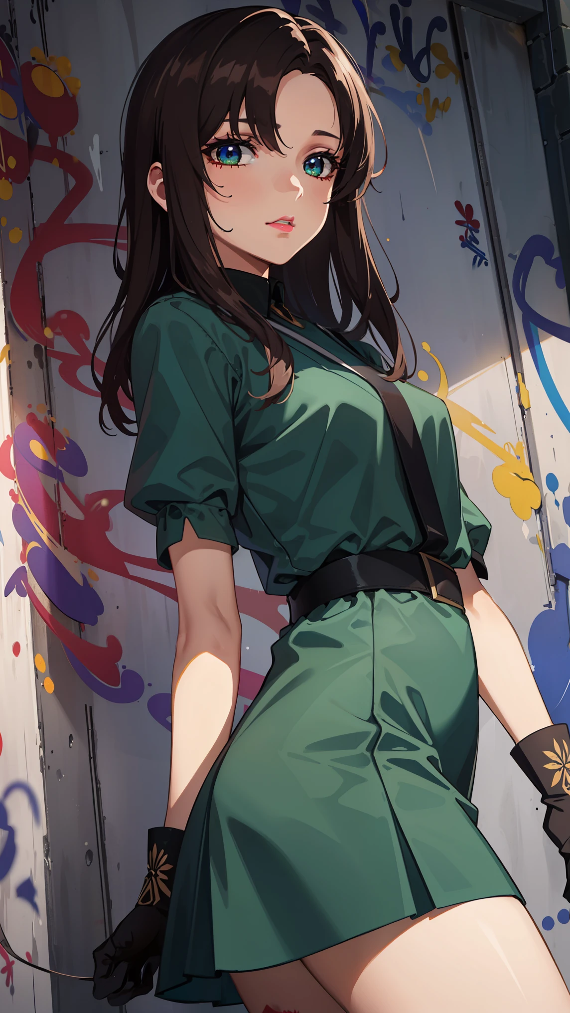 bangs,brown_hair, long_hair,red eyes,lipstick,makeup,
BREAK black gloves, gloves, skirt, dress, green dress, short sleeves, puffy sleeves, juliet sleeves, short skirt, green skirt,
BREAK (Graffiti:1.5), Splash with purple lightning pattern, arm behind back, against wall, View viewers from the front,  bored,
BREAK outdoors,
BREAK (masterpiece:1.2), best quality, high resolution, unity 8k wallpaper, (illustration:0.8), (beautiful detailed eyes:1.6), extremely detailed face, perfect lighting, extremely detailed CG, (perfect hands, perfect anatomy),