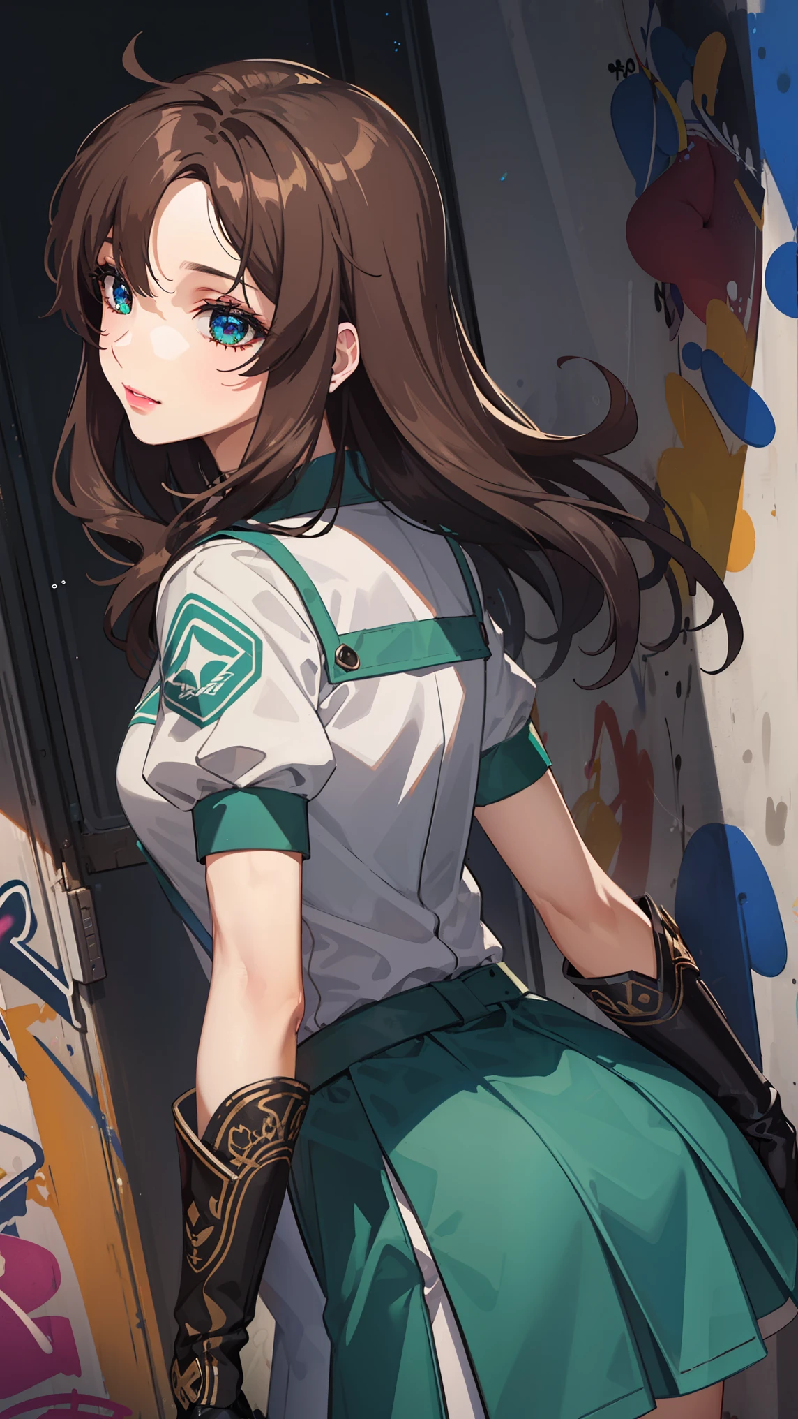 bangs,brown_hair, long_hair,red eyes,lipstick,makeup,
BREAK black gloves, gloves, skirt, dress, green dress, short sleeves, puffy sleeves, juliet sleeves, short skirt, green skirt,
BREAK (Graffiti:1.5), Splash with purple lightning pattern, arm behind back, against wall, View viewers from the front,  bored,
BREAK outdoors,
BREAK (masterpiece:1.2), best quality, high resolution, unity 8k wallpaper, (illustration:0.8), (beautiful detailed eyes:1.6), extremely detailed face, perfect lighting, extremely detailed CG, (perfect hands, perfect anatomy),